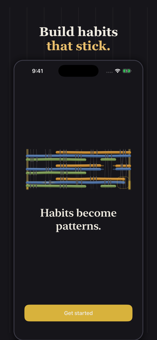 Pantalla de Patterns con un patrón tejido de hilos de colores, el titular «Los hábitos se convierten en patrones» y el botón «Empezar»
