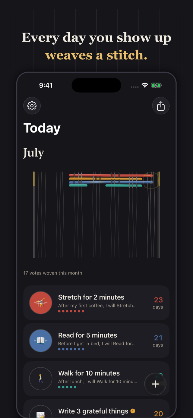Pantalla Hoy de Patterns en modo oscuro, con el tapiz tejido del mes, los días de racha y una lista de hábitos con sus recuentos